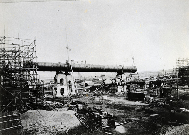 The first kiln under installation at Ube Cement Works